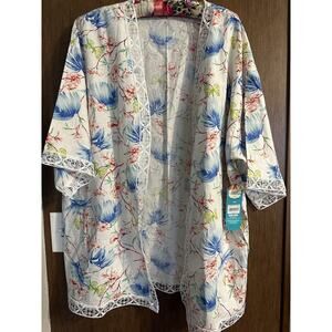 NWT The Pioneer Woman White Floral Linen Blend Duster with Crochet Trim Size S/M